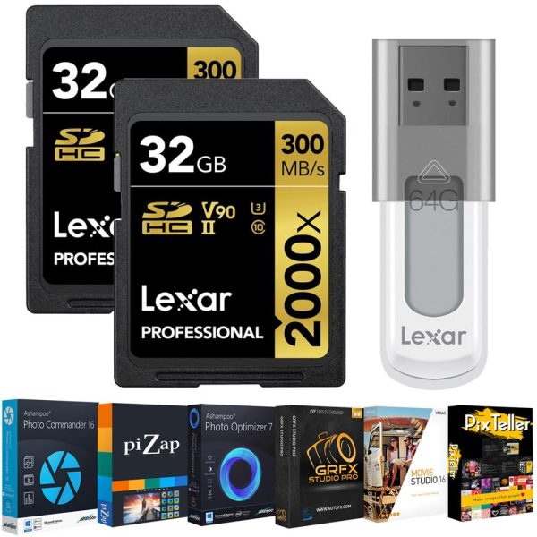 Lexar Pro 2000x UHS-II Memory Card 32GB Card 2-Pack + Editing Suite & 64GB Drive Cheap