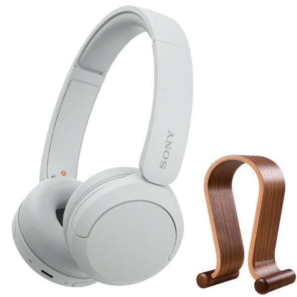 Sony Wireless Headphones with Microphone, White with Wood Headphone Display Stand Discount