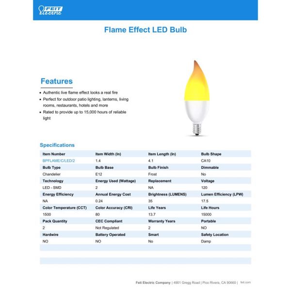 Feit LED CA10 (Flame Tip) E12 (Candelabra) LED Flame Bulb Warm White 2 Watt Equivalence 2 pk For Cheap