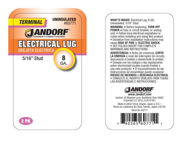 Jandorf 8 Ga. Uninsulated Wire Electrical Lug Silver 2 pk Online now